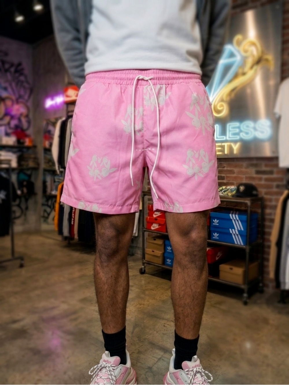 Sumwon x Playboy Men’s Pink All-Over Bunny Print Board Shorts | Size Large